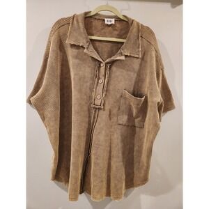 BiBi Waffle Knit Short Sleeve Boxy Shirt Top Women's Size S Cotton Blend Top